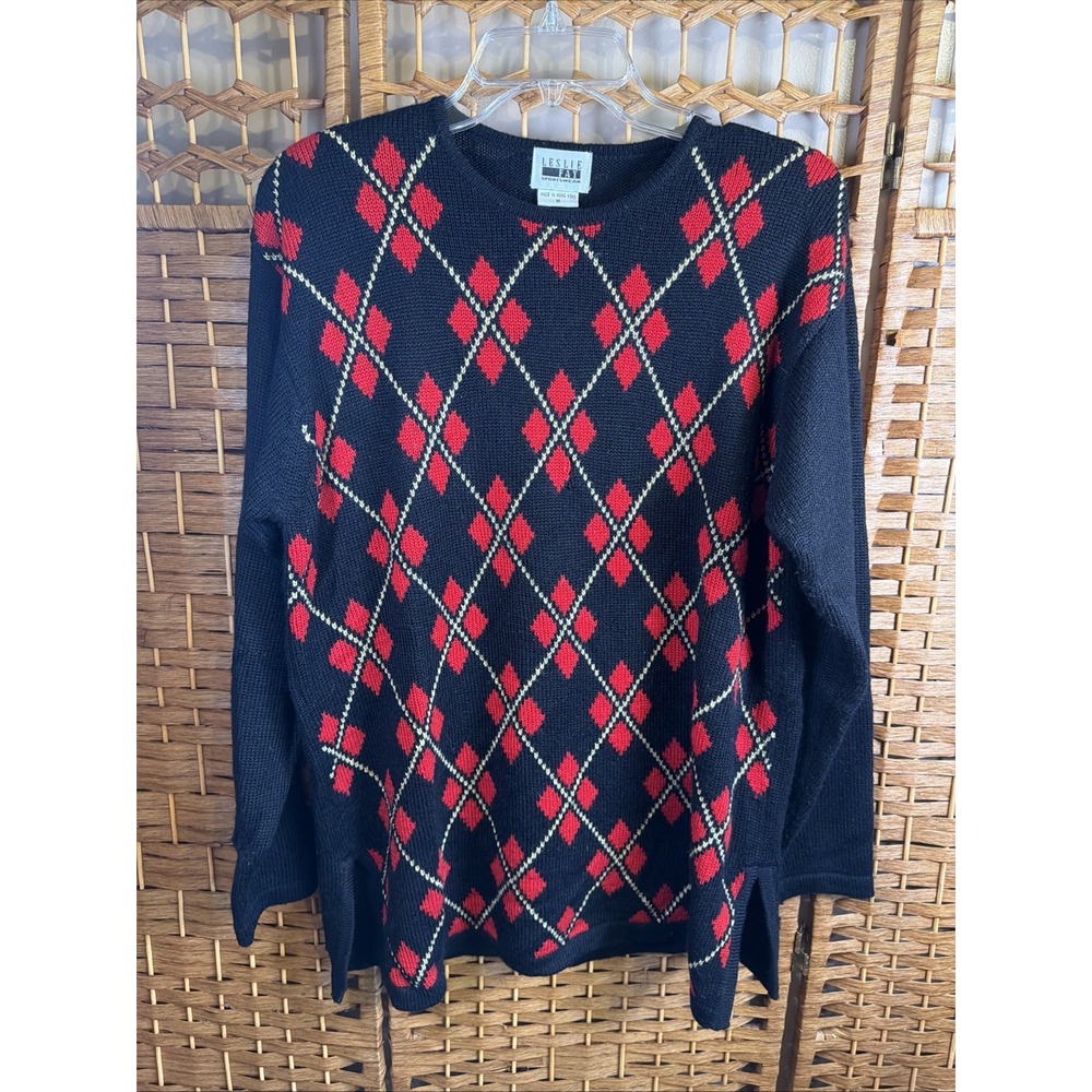 VTG Women's Leslie Fay Sweater Argyle Diamond Pattern Black Gold Red SZ M